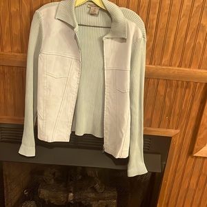 Sea foam green suede and ribbed sweater. Zippers. Preloved. Great condition